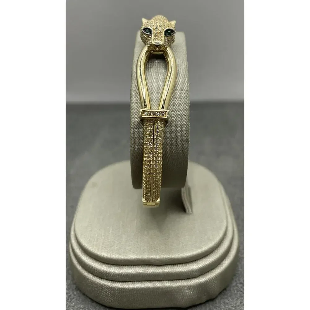 14K Yellow Gold Panther W/ Green Eyes Bangle Style Bracelet (22065)